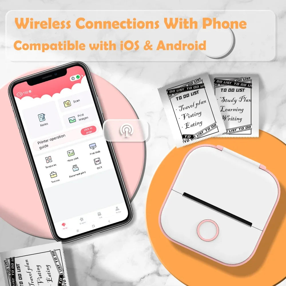 T02 Portable Mini Thermal Printer 53mm Wireless Printing Stickers with Colorful Paper Stickers Mini Pocket Label Notes Printer