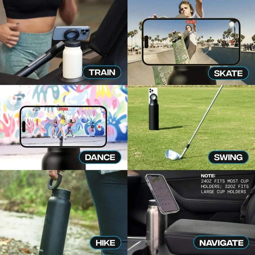 800ML Stainless Steel Drinking Bottle with Magnetic Phone Tripod Keeps Drinks Hot for 12 Hours Cold for 24 Hours 27 Ounces