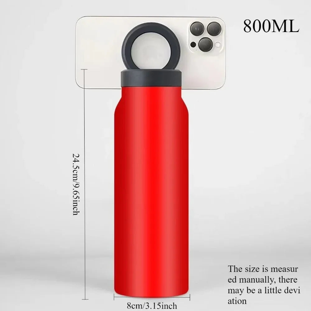 800ML Stainless Steel Drinking Bottle with Magnetic Phone Tripod Keeps Drinks Hot for 12 Hours Cold for 24 Hours 27 Ounces